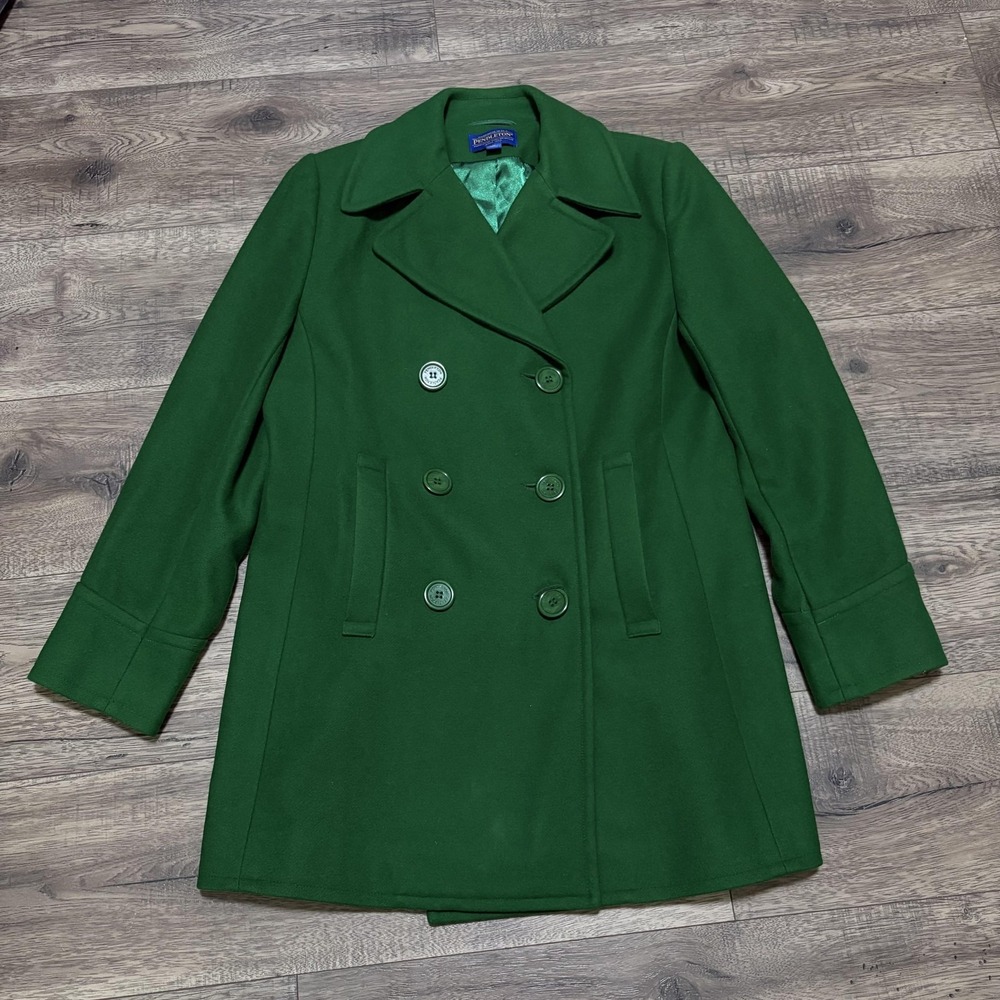 Pendleton Coat Womens Medium Green Wool Pea Coat Lined Button Front Classic